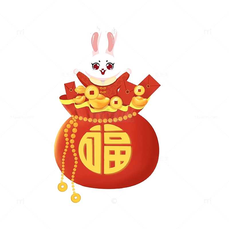 红色春节生肖兔子福袋手绘免抠元素