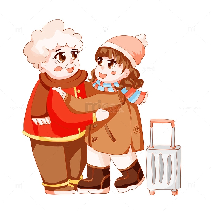 红色手绘回家春节过年团圆老人女孩行李箱