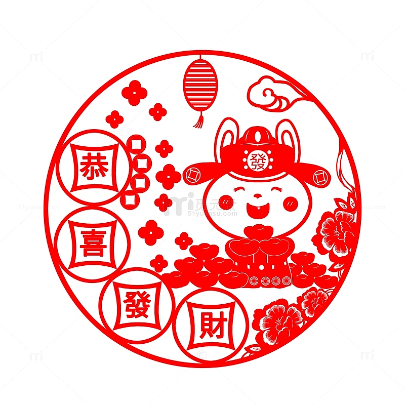 红色喜庆恭喜发财财神兔子窗花春节手绘图