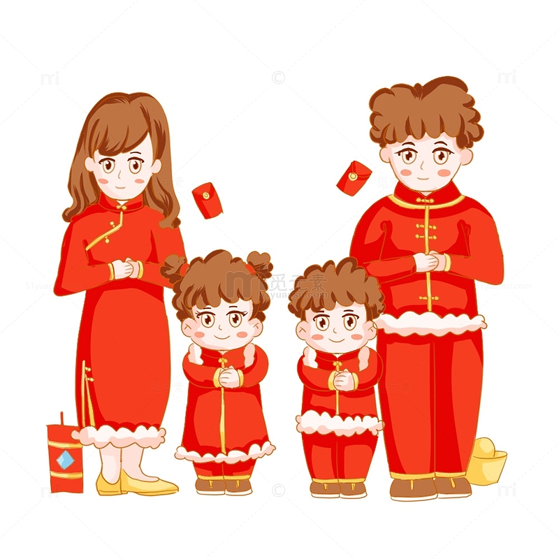 红色手绘春节过年拜年一家人红包爆竹元宝