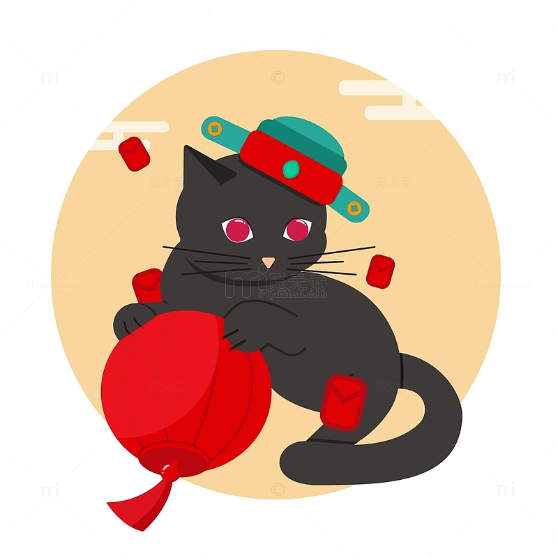 红色可爱恭贺新春招财黑猫手绘图