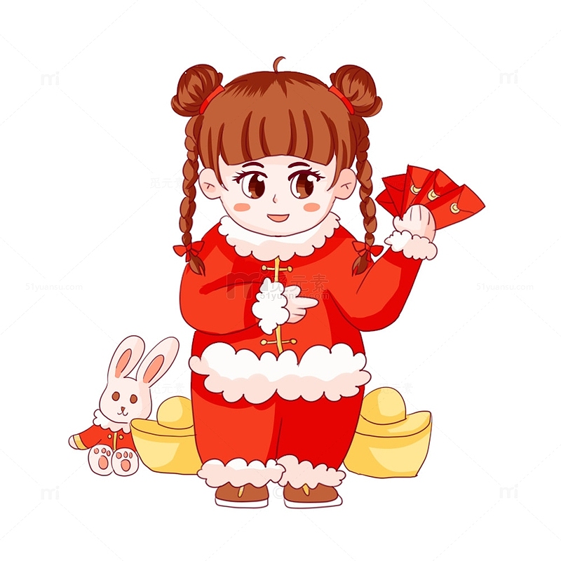 红色春节过年小女孩红包元宝手绘小兔子元素