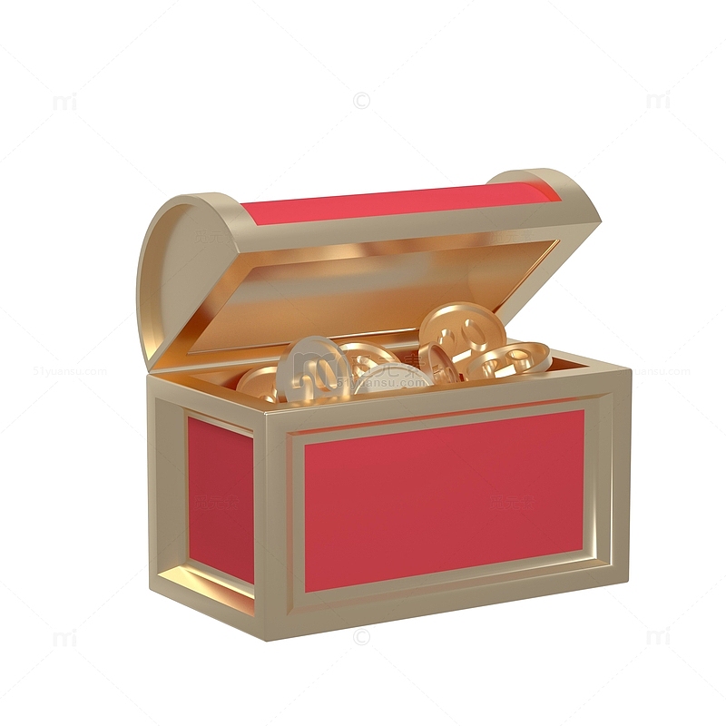 红色简约金属宝箱C4D春节元素金币