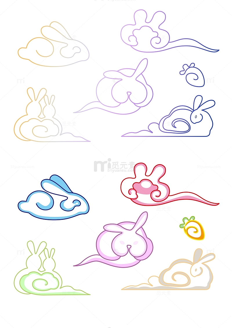彩色春节兔年云朵兔子装饰线稿手绘