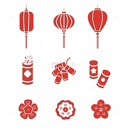 红色春节简单剪纸图标灯笼鞭炮梅花元素图