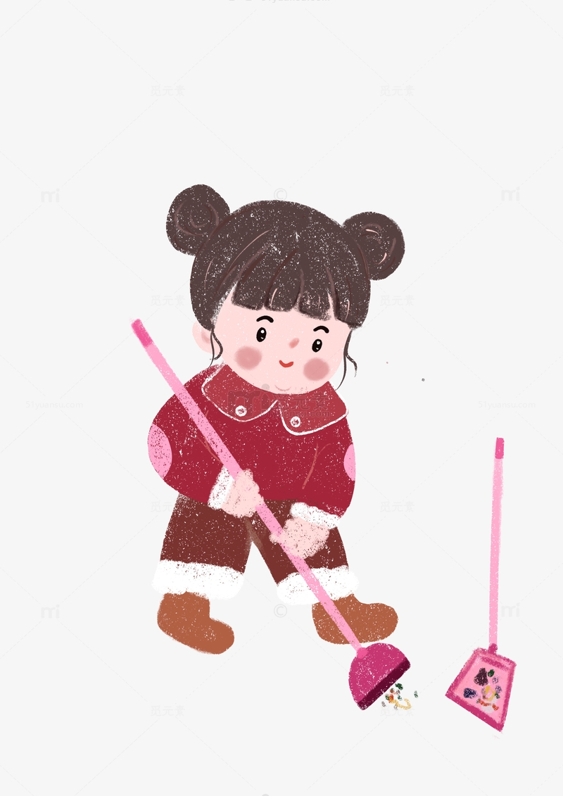 春节扫地的小女孩蜡笔质感手绘元素
