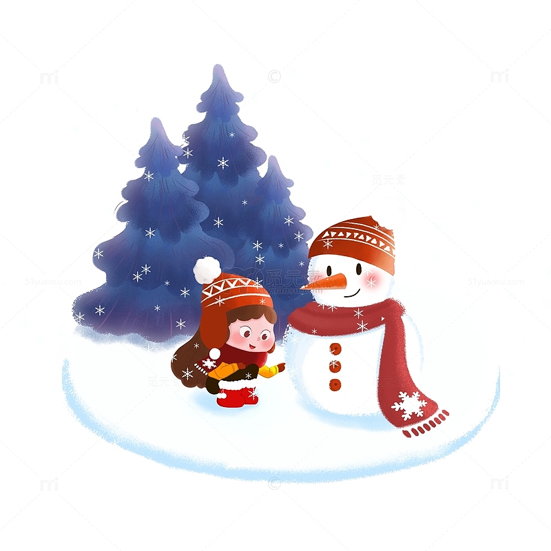 手绘小女孩雪人松树冬季圣诞场景插画