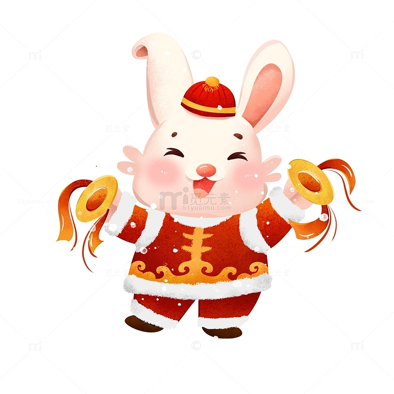 红色春节兔子敲锣手绘插画元素