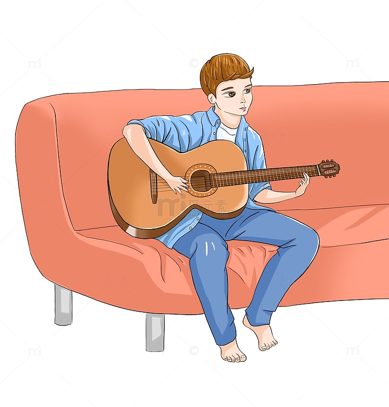 蓝色橘色卡通弹吉他的男孩年会手绘图