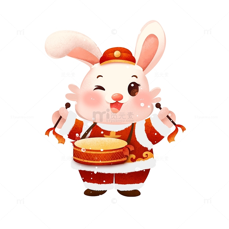 红色打鼓兔子春节手绘插画元素