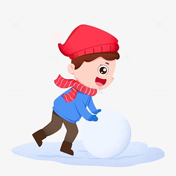 男孩穿着厚衣服在户外推雪球免抠元素.