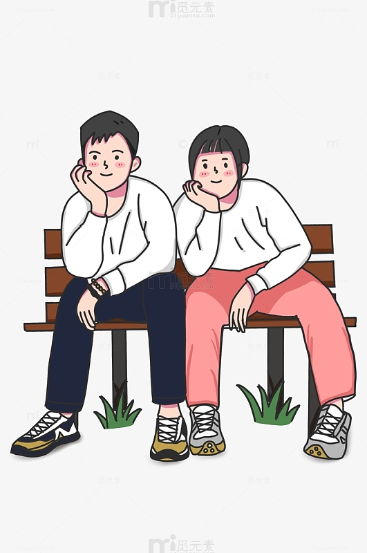 扁平简约描边公园座椅情侣人物插画素材