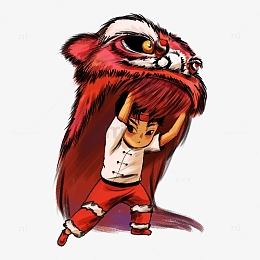 红色水墨风少年舞狮