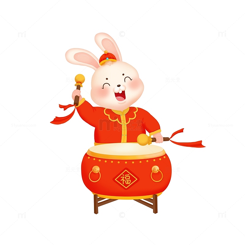 红色喜庆春节过年兔年生肖敲锣打鼓