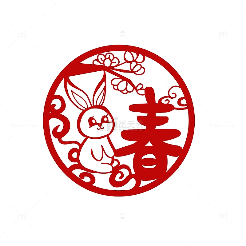 红色兔年春节剪纸窗花元素