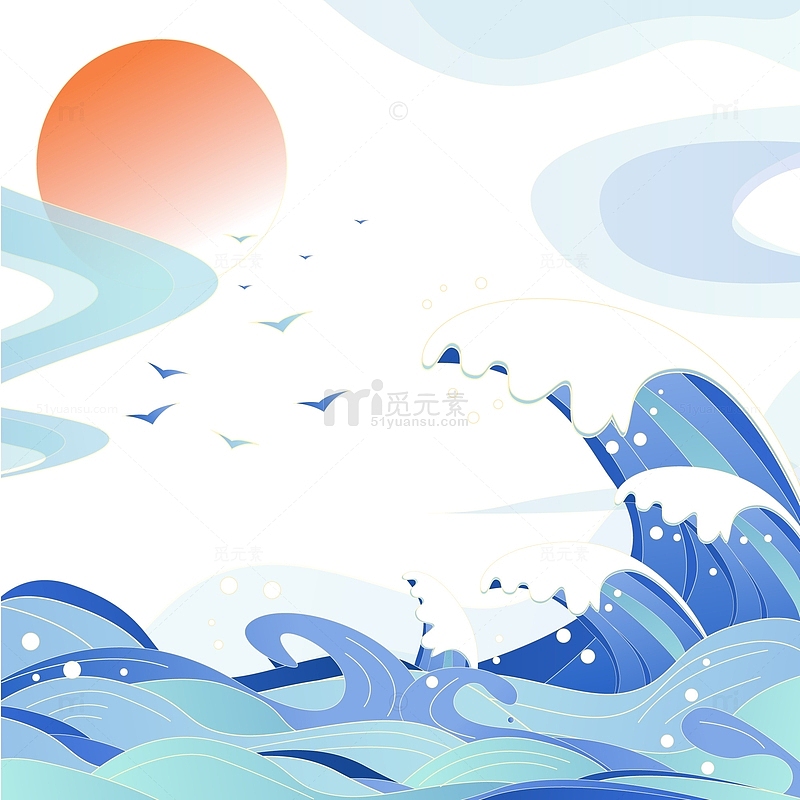 中国风蓝色大海海浪花纹云纹装饰插画