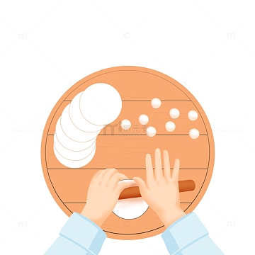 暖色温馨擀饺子皮春节元素手绘图