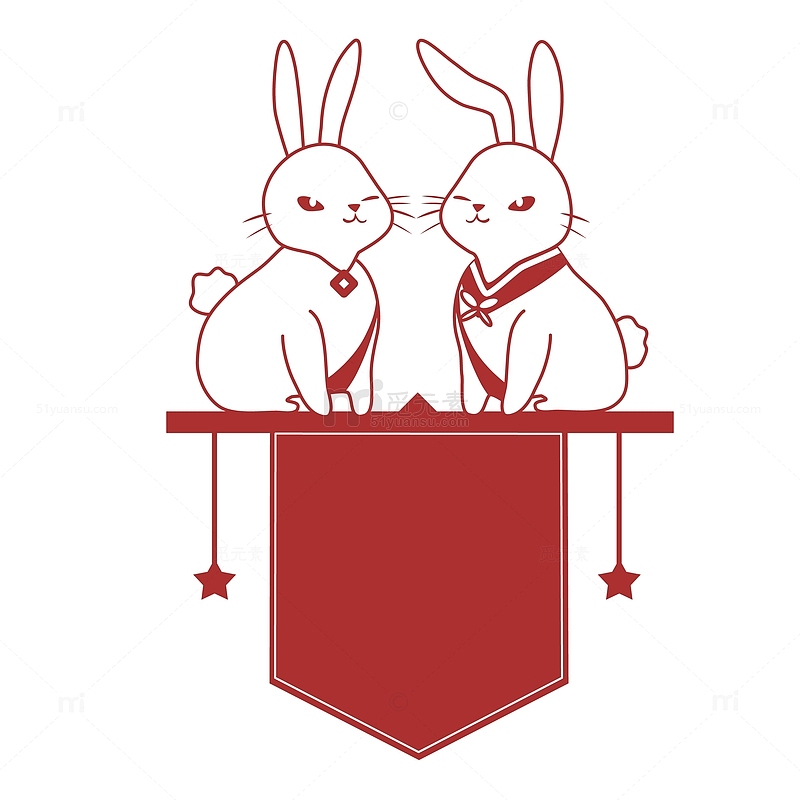手绘卡通兔子红色标题背景标签春节元素