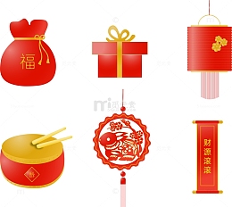红色春节福袋鼓礼物灯笼剪纸兔子财源滚滚