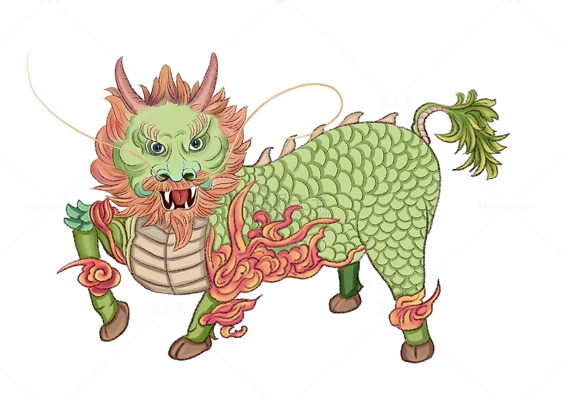 绿色手绘麒麟吉祥动物纹身传统图案素材