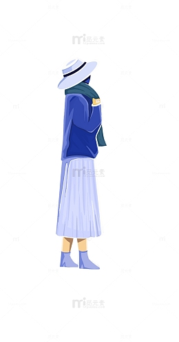蓝色小清新穿长裙戴帽子的女生插画元素
