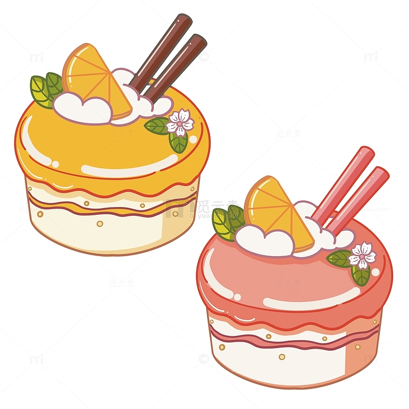 黄色与粉色橘子奶油蛋糕手绘卡通图