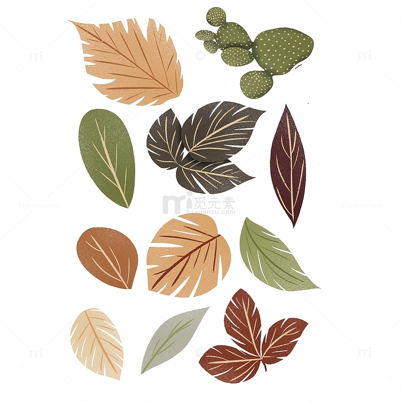秋色扁平风叶子素材复古植物