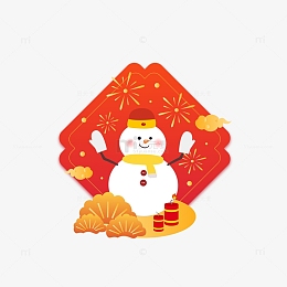 红色喜庆春节雪人炮竹烟花祥云手绘元素