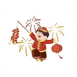红色男孩春节新年放鞭炮灯笼烟花手绘氛围场景