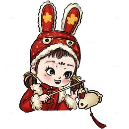 红色黄色中国风拿灯笼的小女孩喜庆手绘图
