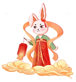 红色汉服兔子仙女提灯祥云插画