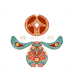 红色黄色青色中国风喜庆传统纹样喜兔手绘图
