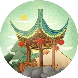 国风五角亭亭子手绘国潮