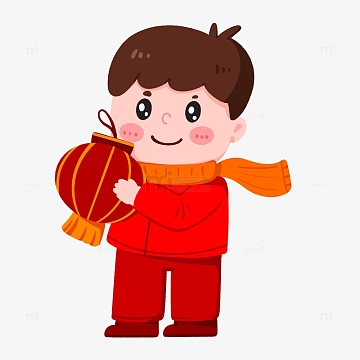 手绘新年穿红衣服男孩拿着灯笼免抠元素