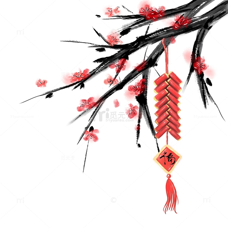红色水墨梅花春节手绘
