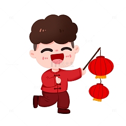 手绘男孩新年拿着喜庆灯笼免抠元素