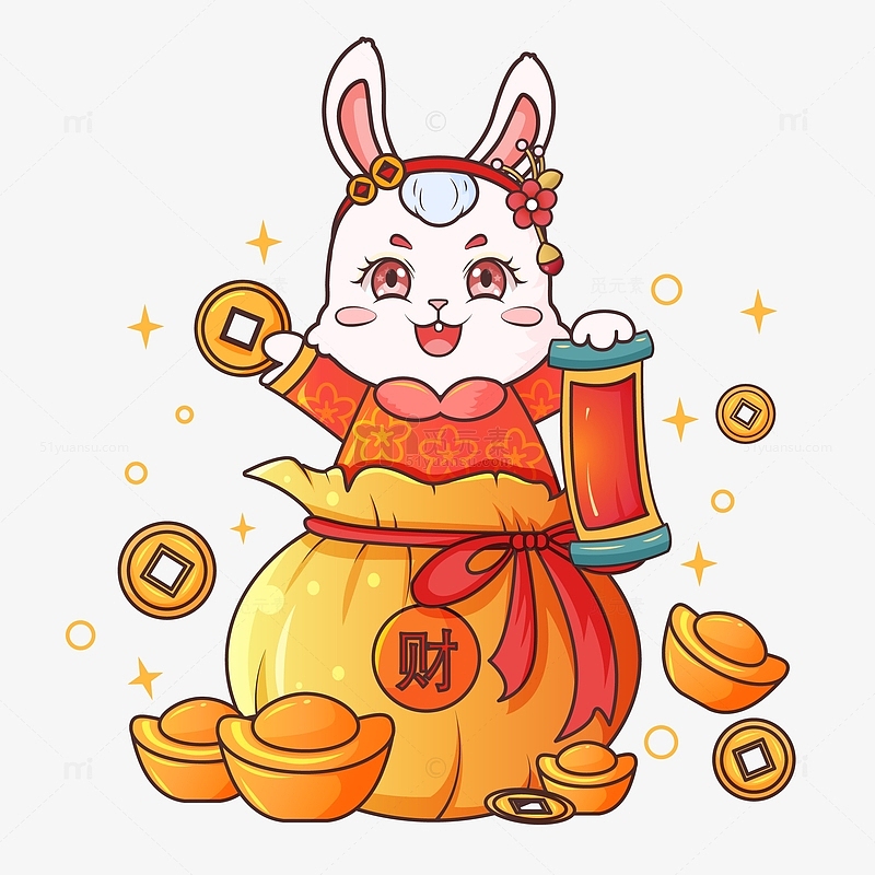 新年喜庆兔子福袋铜钱元宝手绘插画