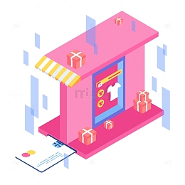 线上购物手机平台云端2.5D立体插画