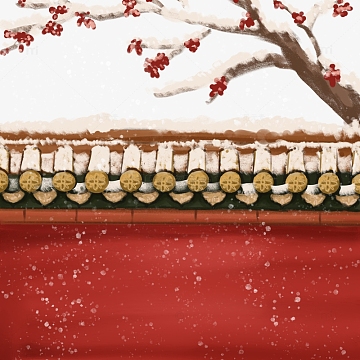 红色中国风古风红墙飘雪手绘图