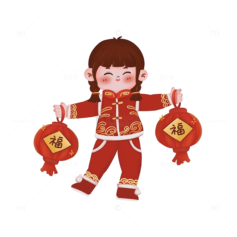可爱中国风迎新年小孩提灯笼手绘素材