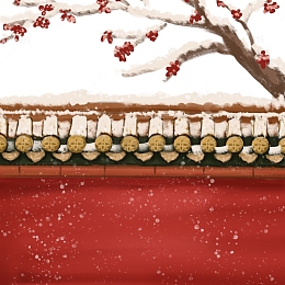 红色中国风古风红墙飘雪手绘图