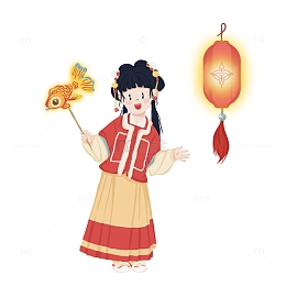 红色清新国风汉服春节小女孩插画