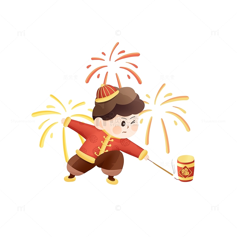 春节过年喜庆小男孩蹲着放鞭炮