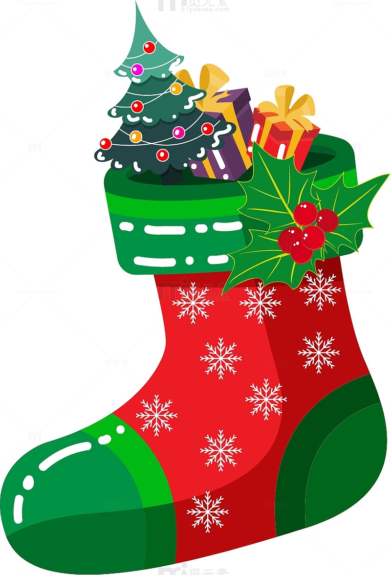 红绿色圣诞节袜子小挂件扁平卡通矢量图