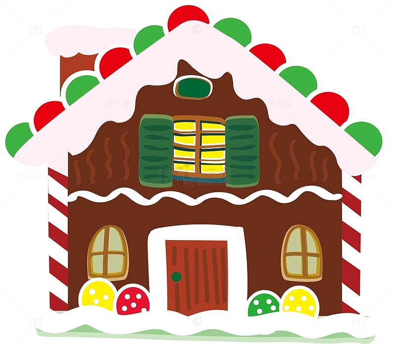 红绿色圣诞下雪小房子建筑扁平元素卡通手绘