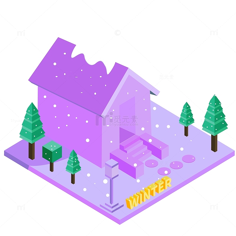 紫色扁平插画冬天冬至落雪房子