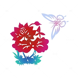 剪纸风格蝶恋花 花朵蝴蝶渐变色