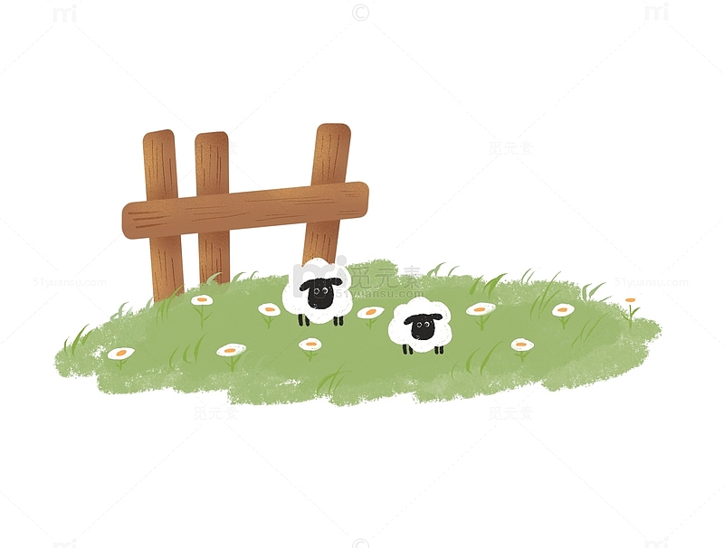 卡通可爱童趣牧场绵羊栏杆草地白花草场花卉