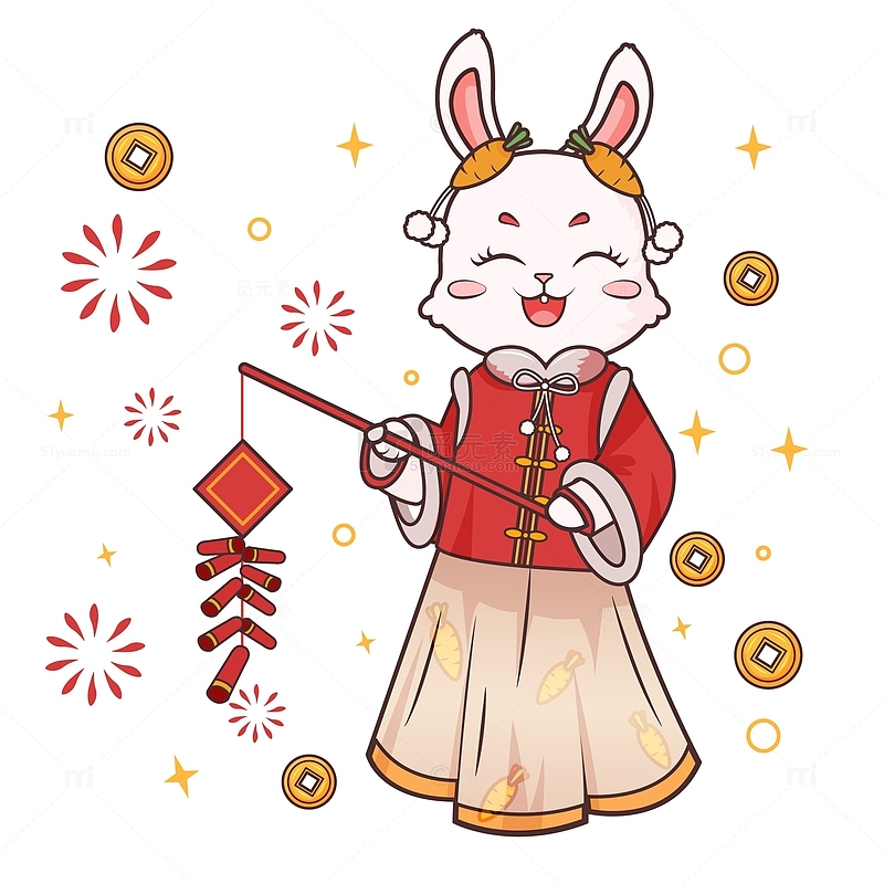 新年喜庆放鞭炮小兔子手绘氛围感插画