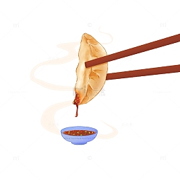 手绘水彩风筷子夹饺子蘸料传统美食